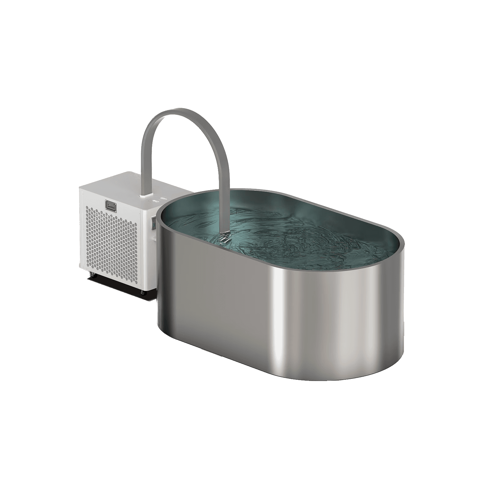 Rear view of the PolarLoop ice bath chiller and a stainless-steel tub