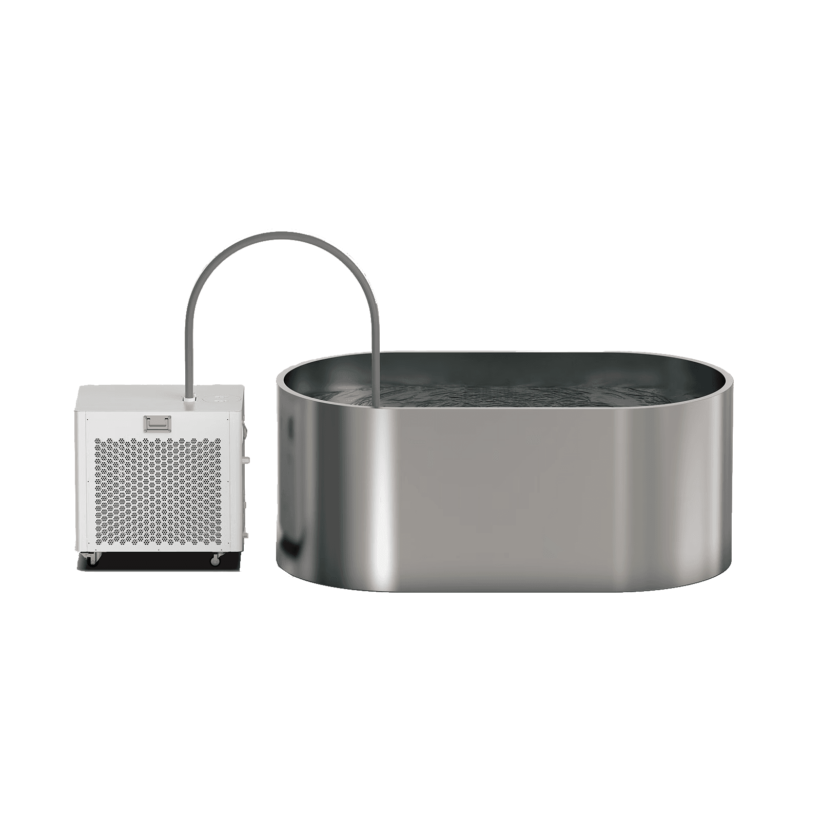 PolarLoop ice bath chiller connected to a stainless-steel tub