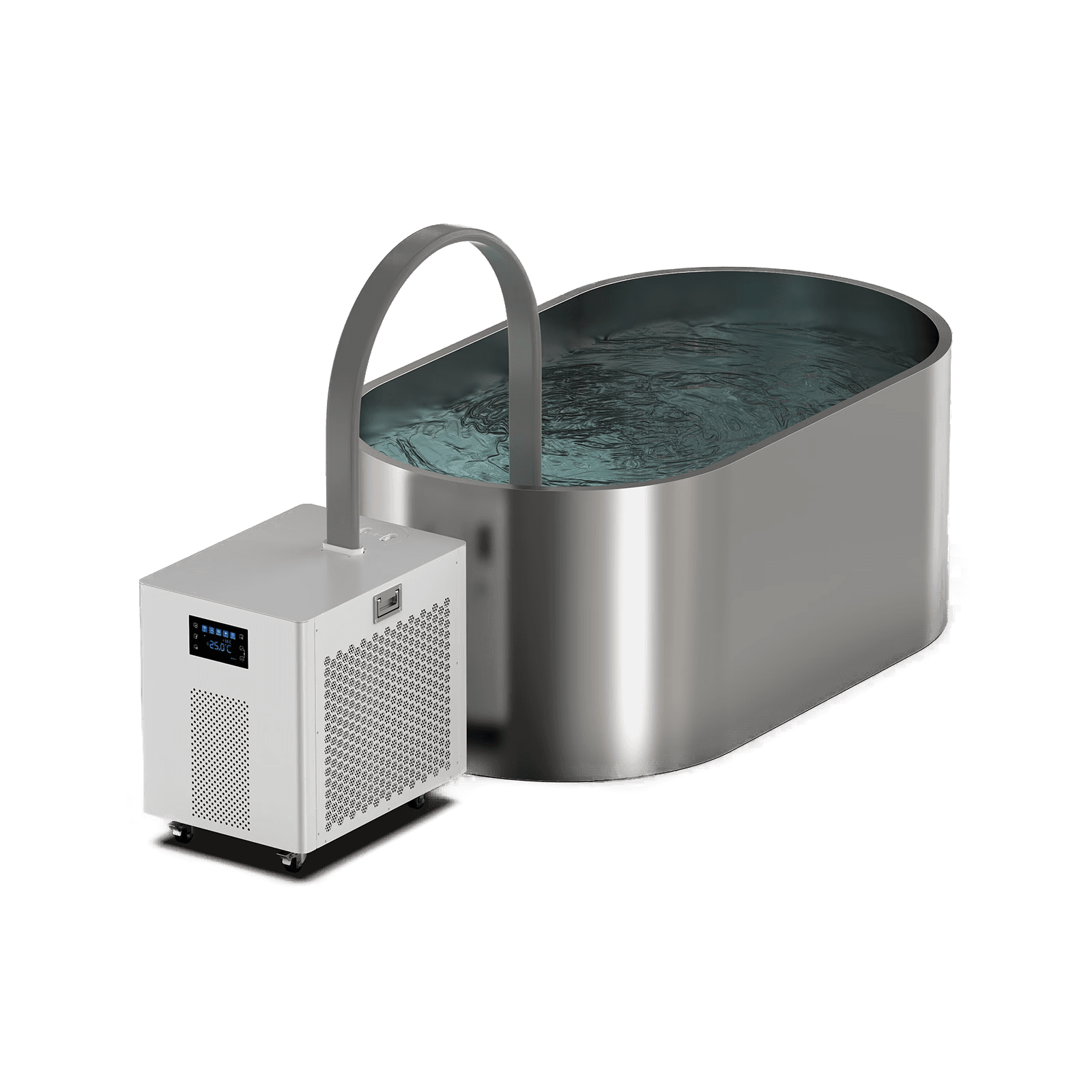 PolarLoop professional ice bath chiller positioned beside a bathtub with its immersion circulation tube